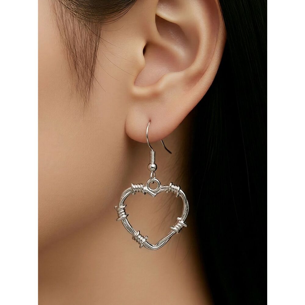 Barbed Wire Heart Earrings Gothic Punk Dangle Alt Baddie Jewelry Silver Cutout